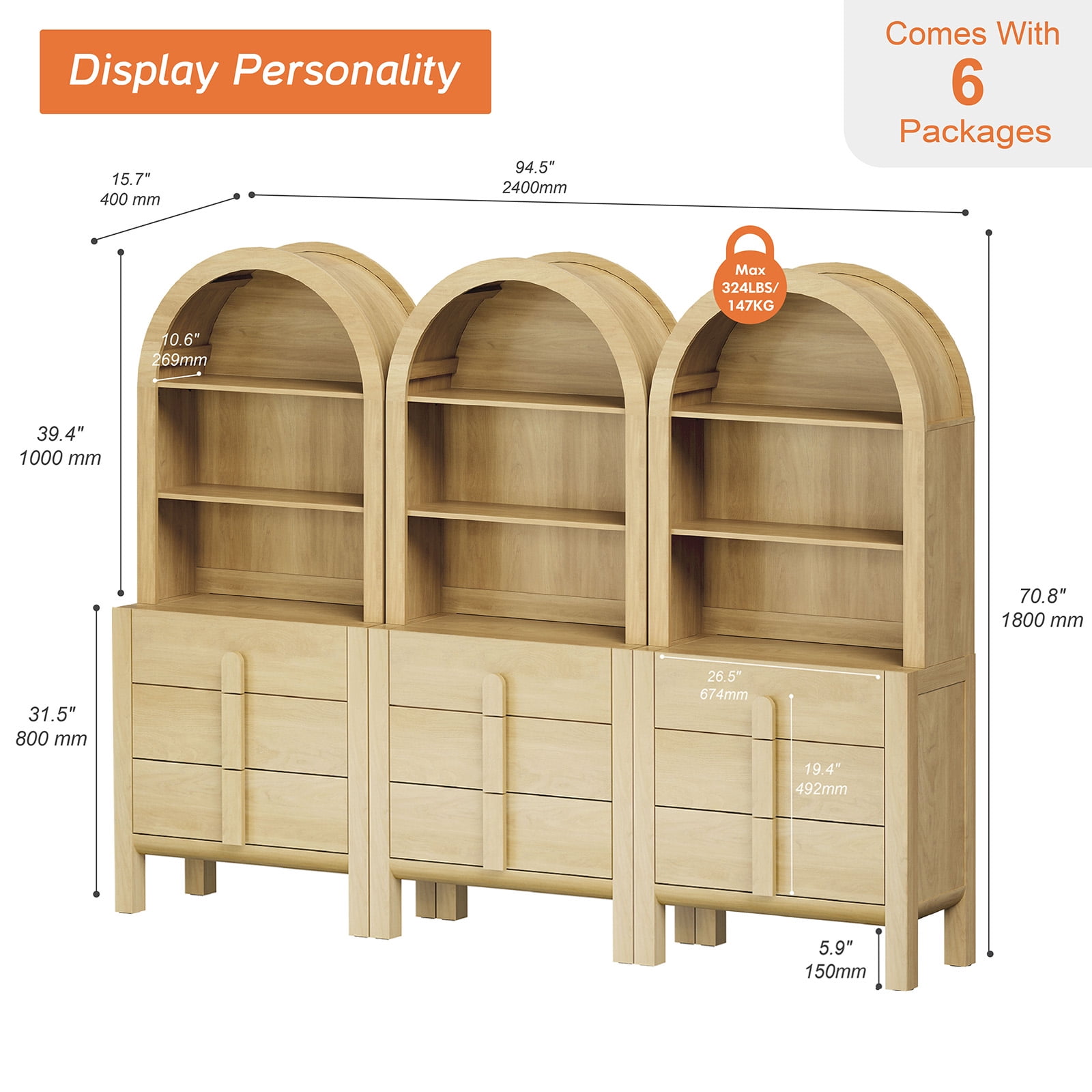 Mid-Century Modern 94.5" Sideboard Buffet Cabinet with Storage, 3-In-1 Wood Credenza with 9 Drawers and Shelves for Kitchen Living Room, Dining Room