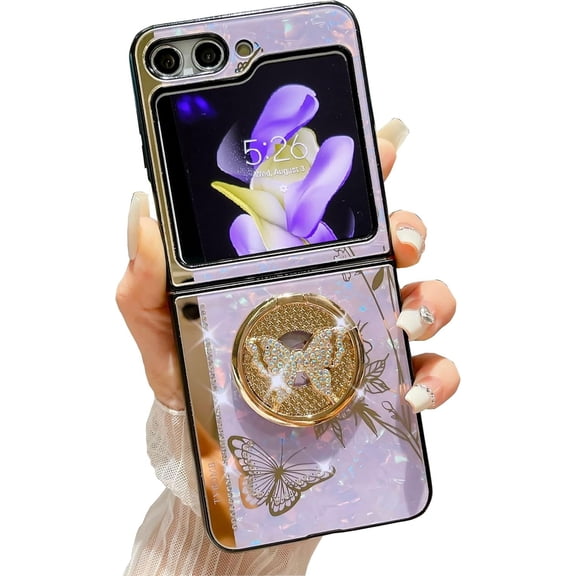 for Galaxy Z Flip 7 Case, Cute 3D Butterfly Bling Sparkle Glitter Luxury Rhinestones Floral with Ring Stand Mirror Shockproof Girly Cover for Girl Women for Samsung Galaxy Z Flip 7 (Purple)