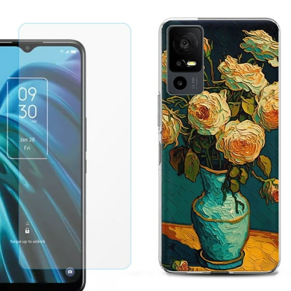 OneToughShield ® for TCL 40 XE 5G Shockproof Fashion Phone Case, with Tempered Glass Screen Protector - Roses in a vase
