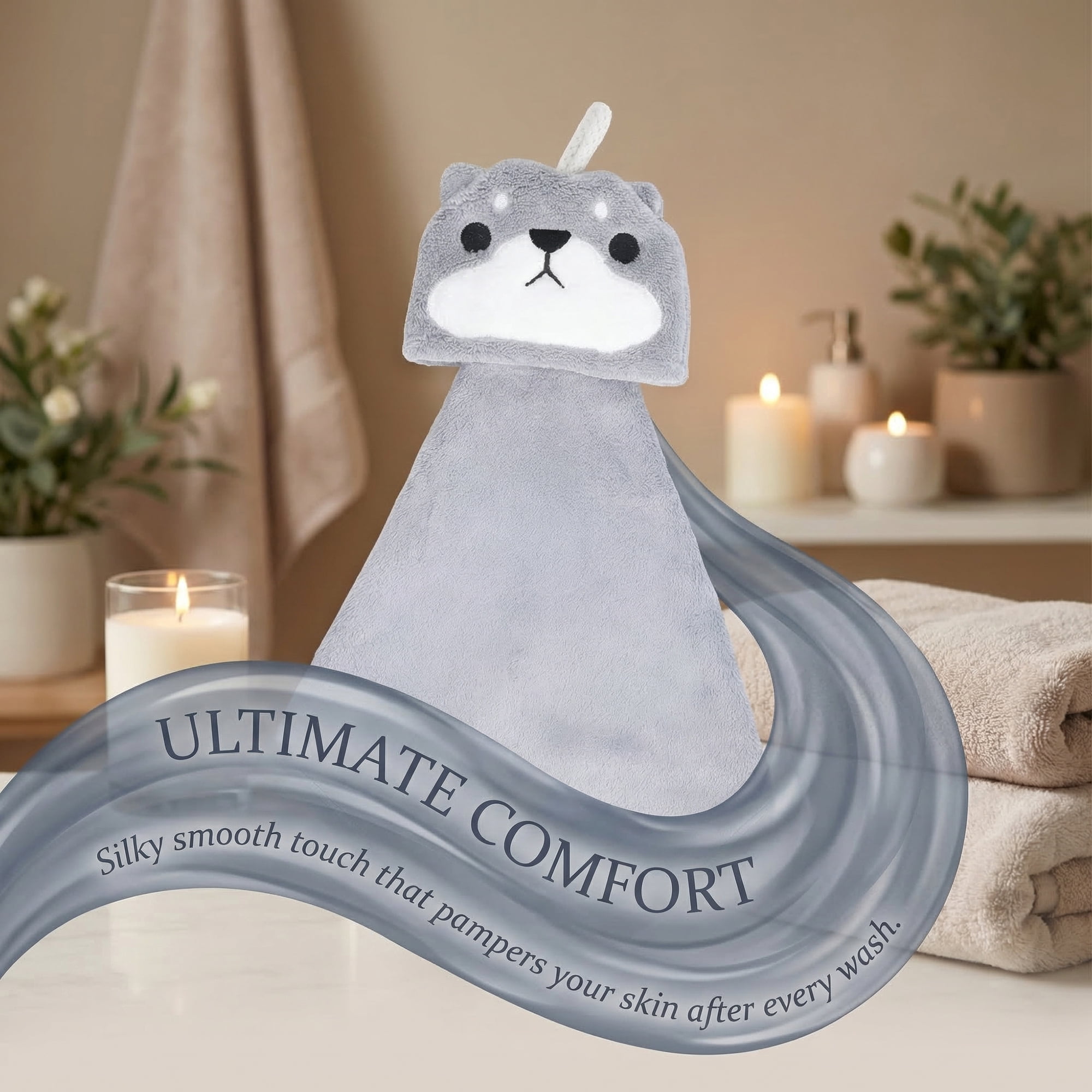 Unique Bargains Animal Hanging Soft Absorbent Hand Towel Grey Shiba Inu 15" x 8"
