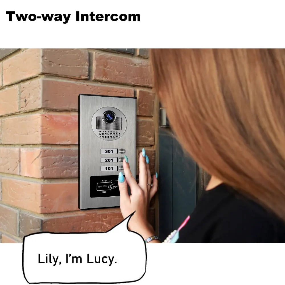 3-Unit Wired Video Apartment Intercom System with 7-Inch Monitors, Indoor/Outdoor Video Doorbell, ID Card Unlock, and Two-Way Audio