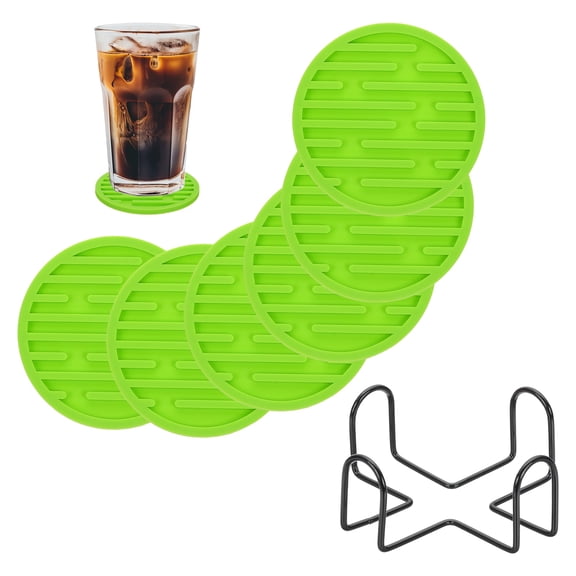 Uxcell Set of 6 Round Drink Coasters with Holder, 4" Silicone Coaster for Drinks Non-Slip Cup Coaster Heat Resistant Glass Cushion for Bar Kitchen Office Decor, Green(Stripes)