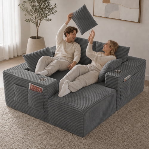 95" Modular L-Shaped Sectional Sofa with Chaise Lounge, 4-Seater Convertible Sofa Bed, Plush Corduroy Upholstery, Spring Pack Cushions, Wide Armrests with Side Pocket, Gray
