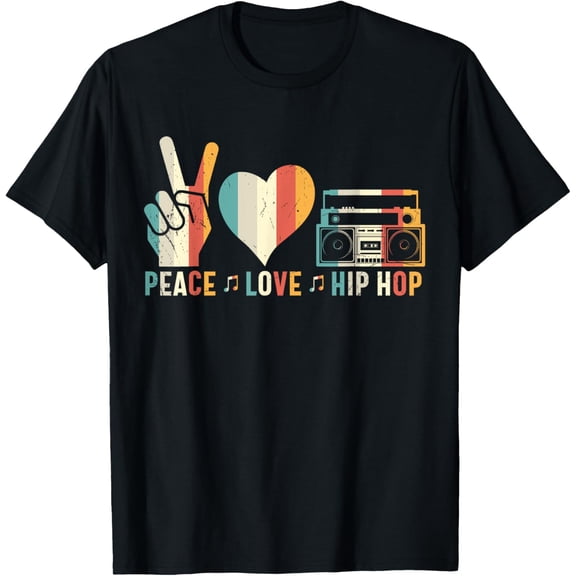 Retro 80's Old School Peace Love Hip Hop Graphic T-Shirt men and women can wear, black, white, gifts
