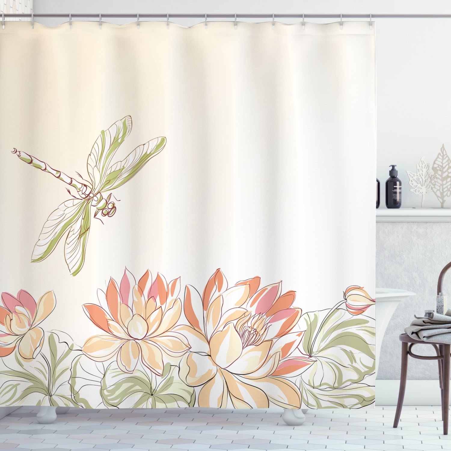 Dragonfly Shower Curtain, Lotus Flower Field with Dragonfly Flying