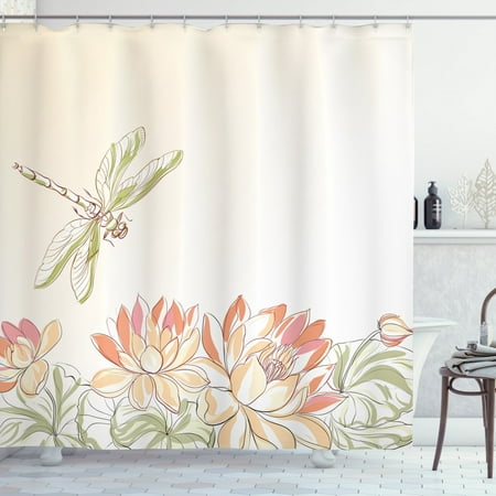 Dragonfly Shower Curtain, Lotus Flower Field with Dragonfly Flying Oriental Blooms Artful Print, Fabric Bathroom Set with Hooks, Cream Peach Coral, by