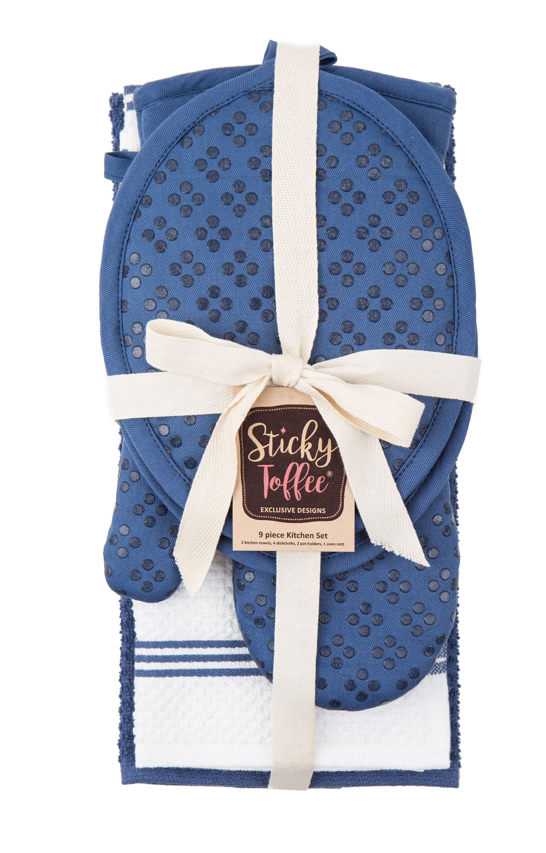 Sticky Toffee Silicone Printed Oven Mitt & Pot Holder, Cotton Kitchen Towel  & Dishcloth, Dark Blue, 5 Piece Set