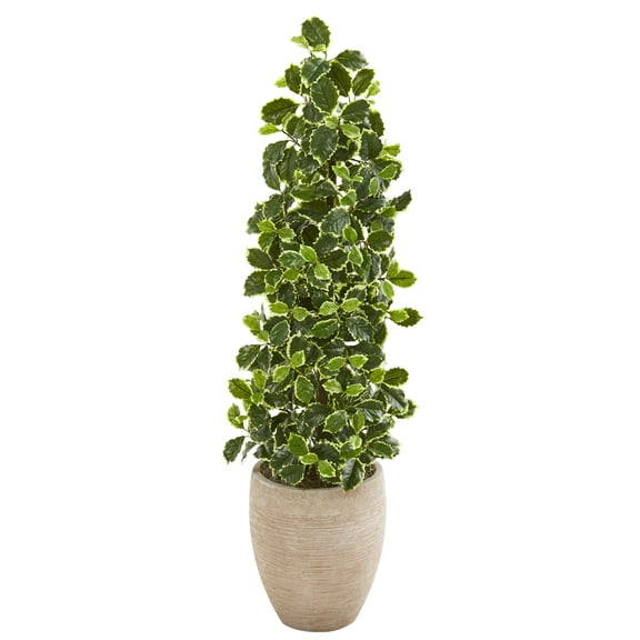 Nearly Natural 42in. Variegated Holly Leaf Artificial Tree in Sand Colored Planter (Real Touch)