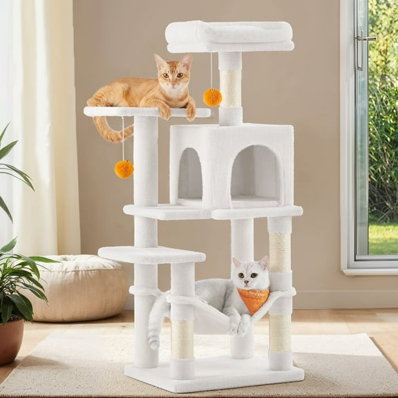 LEDREM 44.1-Inch Multi-Level Cat Tree with 4 Scratching Posts & Hammock - Cat Tower with 2 Perches & Cave for Indoor Cats, Cream White