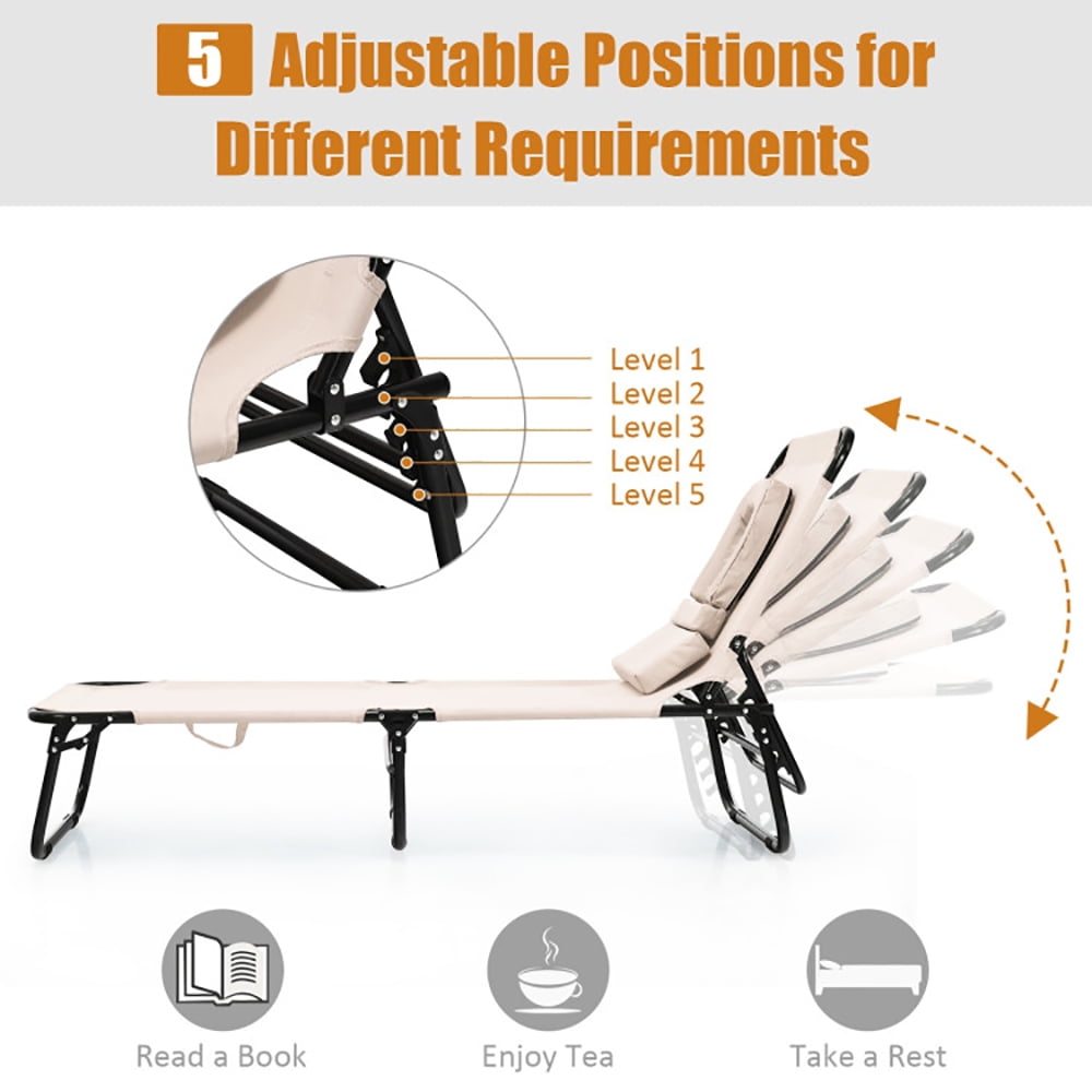 Aimee Lii Outdoor Folding Chaise Beach Pool Patio Lounge Chair Bed with Adjustable Back and Hole, Patio Loungers, Beige
