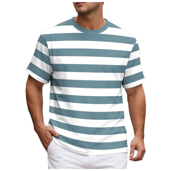 NOEGOEU Mens Short Sleeve T Shirts Striped Casual Crewneck Basic Shirt Stretch Summer Beach Tees (Light Blue,M)