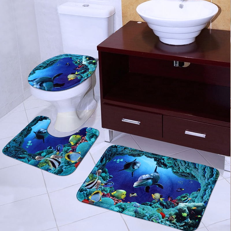 3Pcs Bathroom Non-Slip Blue Sea Ocean Pedestal Rug+Lid Toilet Cover+Bath Mat Set 