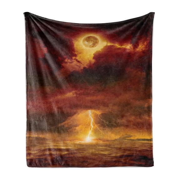 Nature Soft Flannel Fleece Blanket, Apocalyptic Backdrop with Storm Beams and Full Moon End of World Like Hell Theme, Cozy Plush for Indoor and Outdoor Use, 50" x 60", Orange Yellow, by Ambesonne