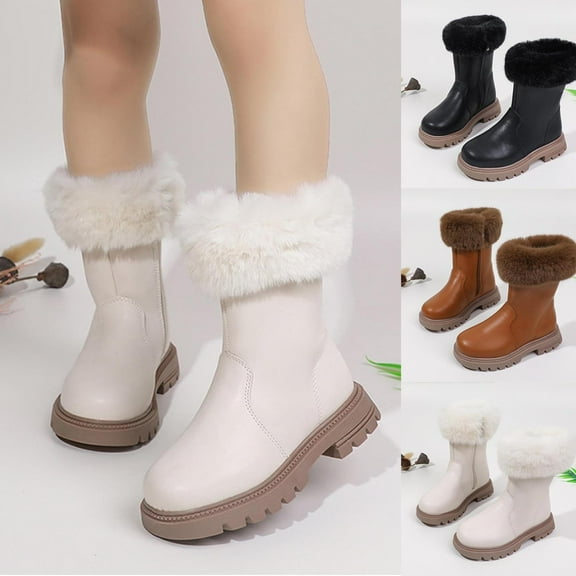 Eltusu Little Girls Snow Boots, Soft PU No Slip Thermal Winter Shoes Beige Size 13(Little Kids)