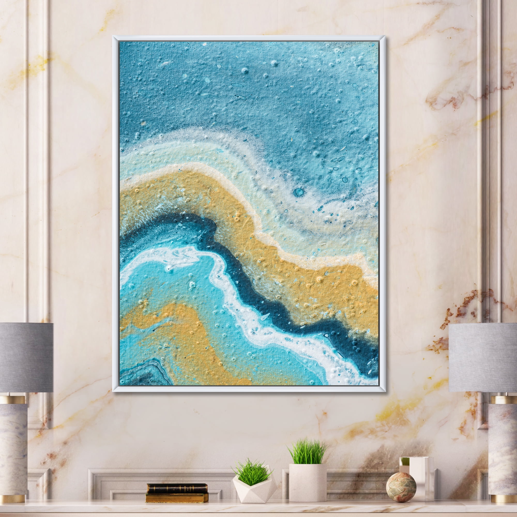 Designart 'Abstract Composition In Blue and Yellow VI' Modern Framed Canvas Wall Art Print
