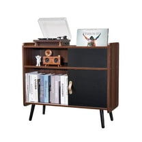 Record Player Stand with Storage & Power Outlet, Vinyl Record Table Holds 350 Albums, Vintage Turntable Shelf for Living Room Bedroom, Solid Wood, Brown