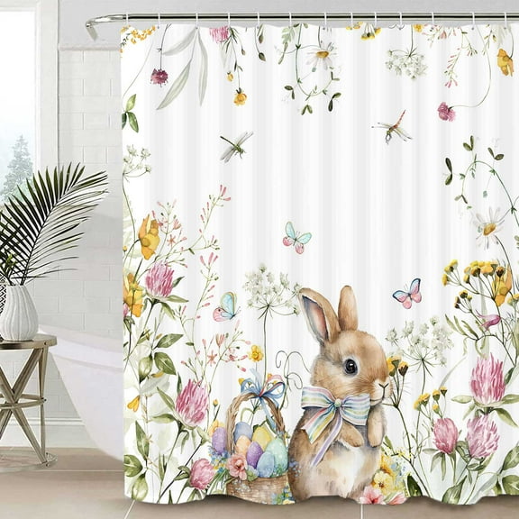 Spring Easter Bunny Shower Curtains, Cute Rabbits Floral Plant Watercolor Flower Shower Curtain Set for Bathroom, Holiday Bathroom Bathtubs Decor Washable Durable Fabric with Hooks 70x70IN