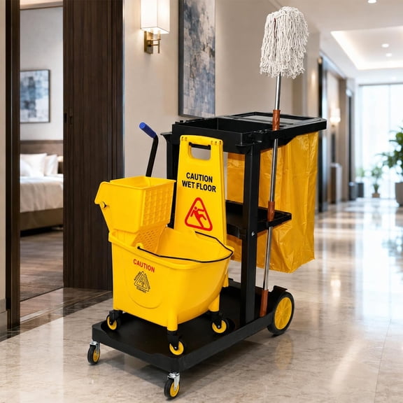 Cleaning Cart Kit with Cover,32L Wringer Bucket Mop and Wet Floor Sign Janitorial Cart With Wheels, Complete Cleaning Set With Mop Bucket, Wringer, Wet Floor Sign And Storage For Commercial Use