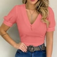 thumbnail image 2 of Blusa informal sólida de manga corta con cuello en V de verano para mujer a la moda Fridja  bn3981, 2 of 7