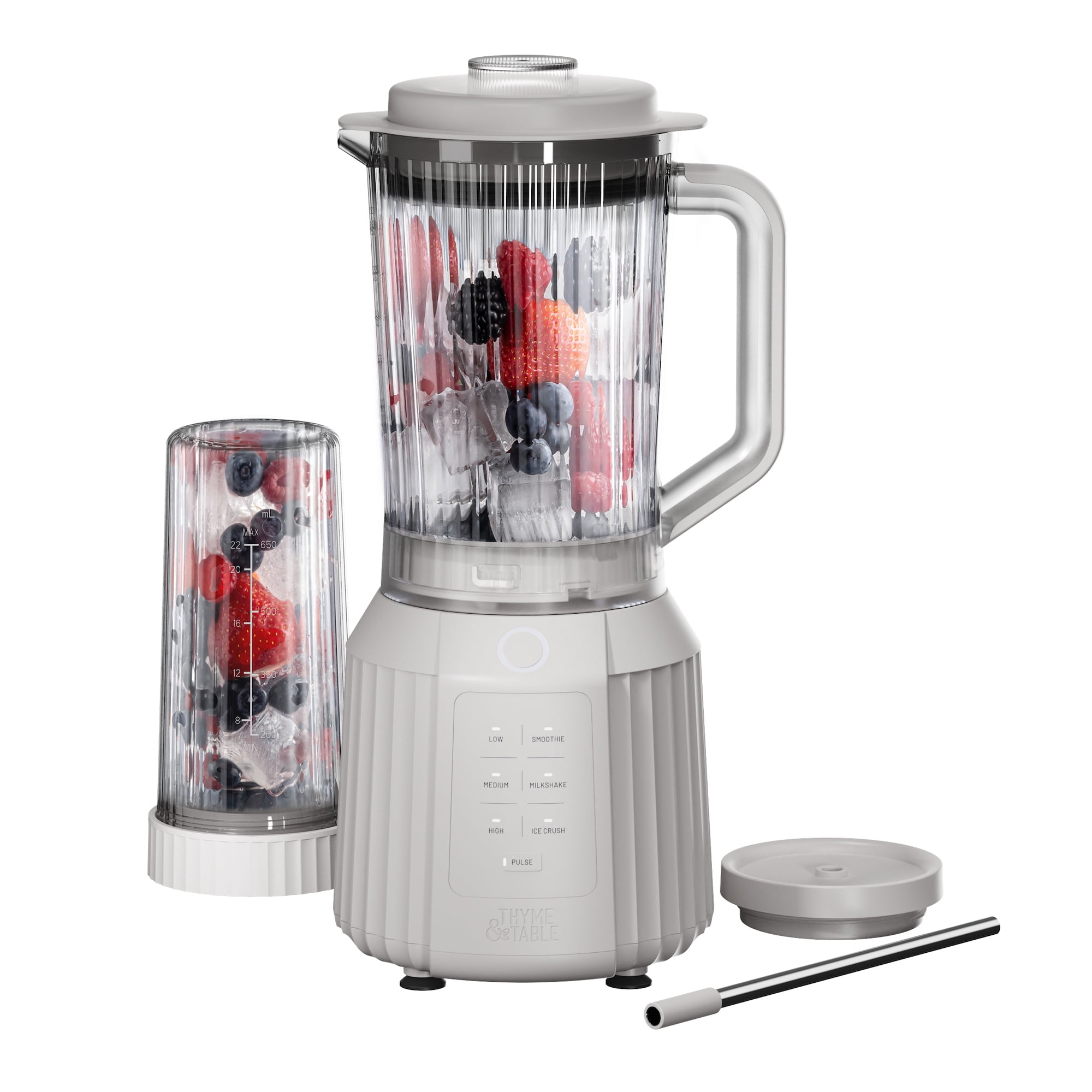Thyme & Table Countertop Blender Duo, 1100W, 57oz Tritan Pitcher, 6-Point Stainless Steel Blade, 25oz To-Go Cup with Smart Seal™ Lid and Straw, Sand White