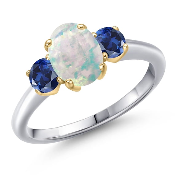 Gem Stone King 925 Silver and 10K Yellow Gold Simulated White Opal and Blue Created Sapphire Engagement Ring for Women | 1.50 Cttw | Oval Cabochon 8X6MM | Gemstone October Birthstone | Size 5