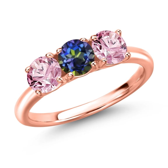 Gem Stone King 18K Rose Gold Plated Silver Blue Mystic Topaz and Pink Lab Grown Diamond Engagement Ring for Women | 1.50 Cttw | Round 5MM | Gemstone November Birthstone | Size 6