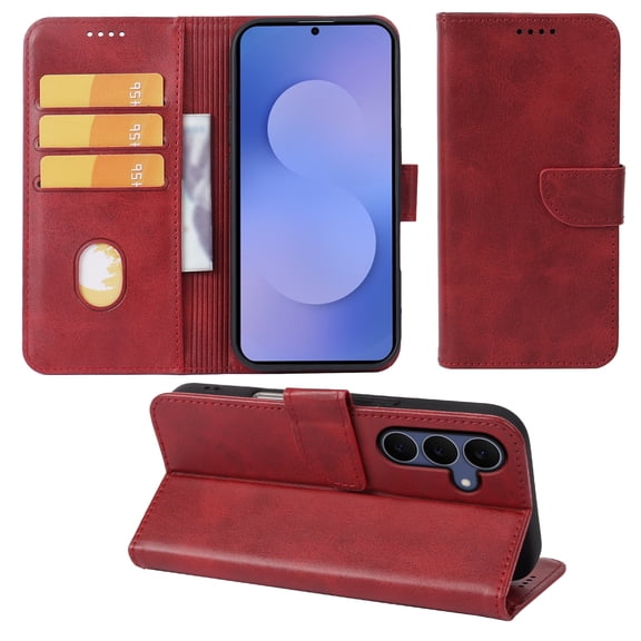 SELOZKE for Samsung Galaxy S25 FE 5G 2025 Red Full Coverage Wallet Case with Credit Card Holder,PU Leather Magnetic Protective Phone Case