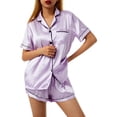 thumbnail image 4 of Qmyliery Casual Women Pajamas Set, Short Sleeve Lapel Collar Buttoned Shirt Tops Elastic Waist Stripe Short Pants, Women Clothing, 4 of 9