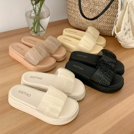 Khaki Slides Shoes for Women Off White Sandals Bedroom Thick House Bling Mesh Open Toe Indoor Woman Slippers Home on Word Pvc B