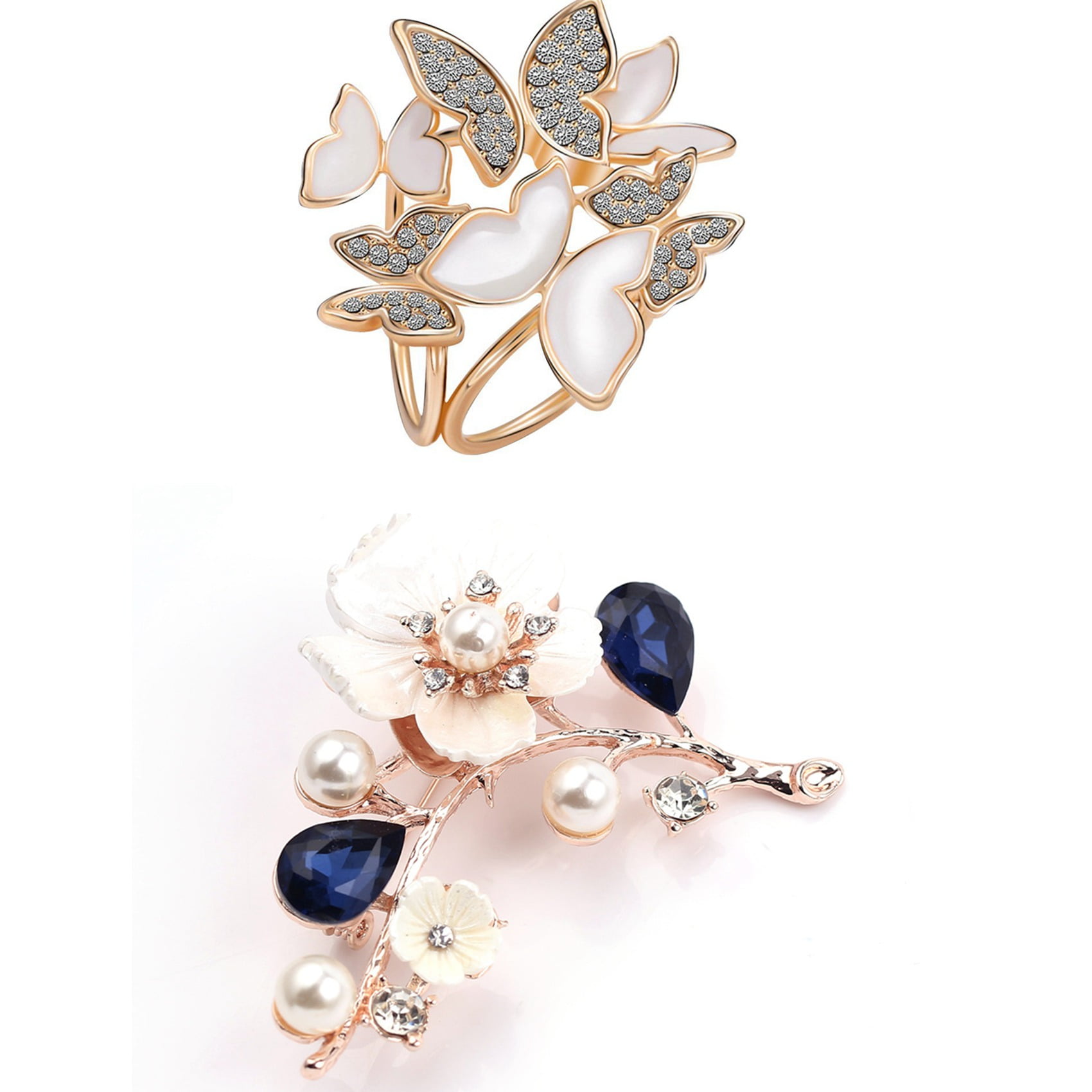 Elegant 3 Rings Butterfly Scarf Ring Silk Scarf Buckle Clip with Natural Shell Flower Glass Crystal Brooch Gold