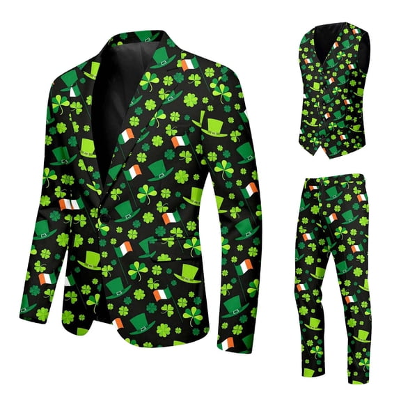 St. Patrick's Day 3-Piece Suit Set with Printed Trousers and Coordinating Vest for Formal Occasions Men's Green Clover Print Button Closure Suit
