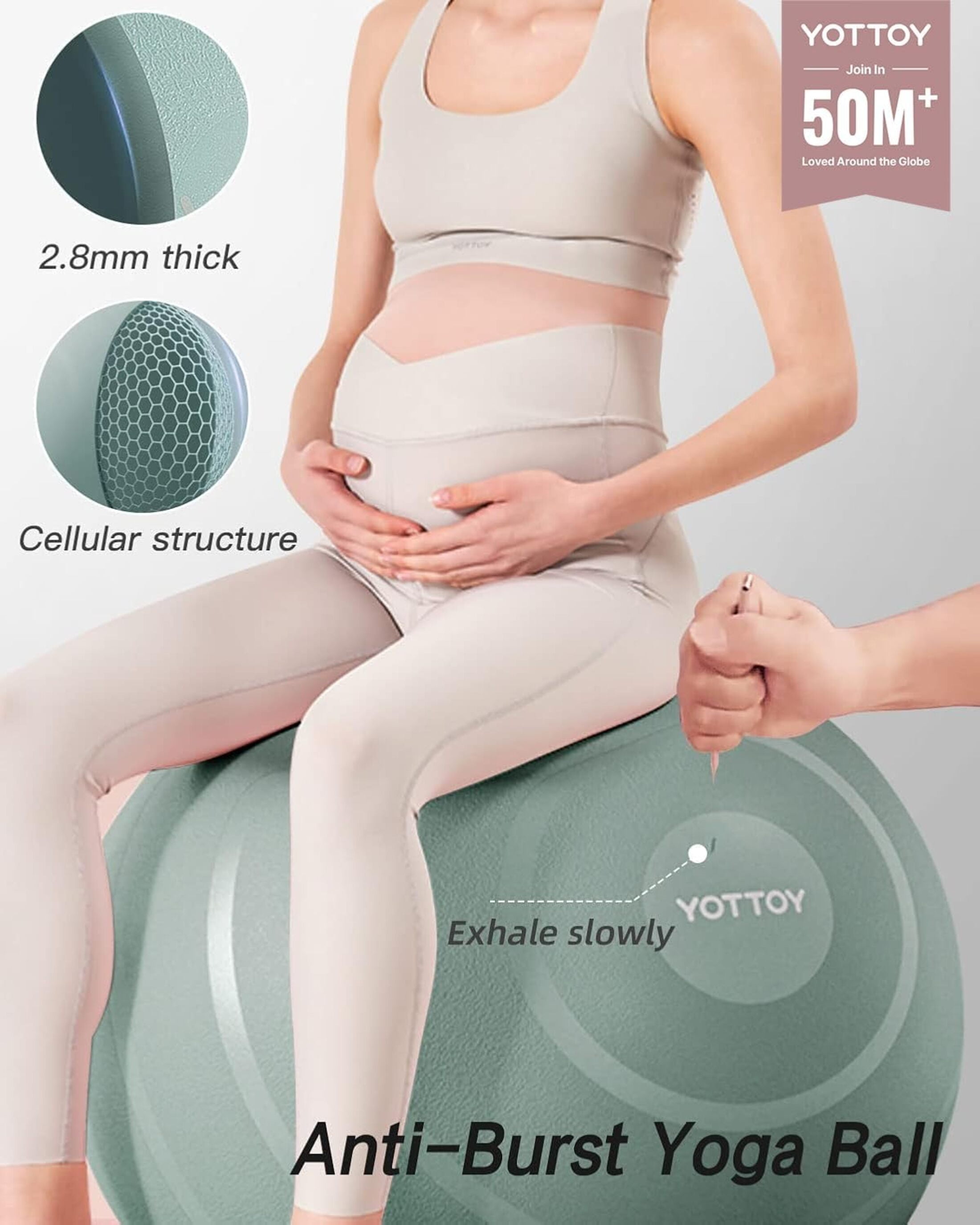 YOTTOY Anti-Burst Exercise Ball, 65 cm — Green, Extra Thick for Yoga & Physical Therapy