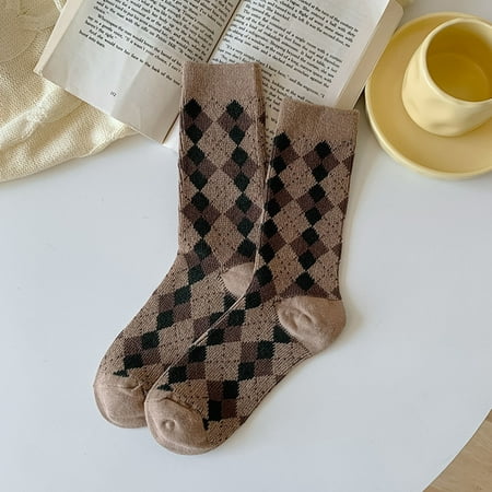 

ERTUTUYI Women Autumn And Winter Coffee Color Plaid Leopard Stripe Warm Socks D