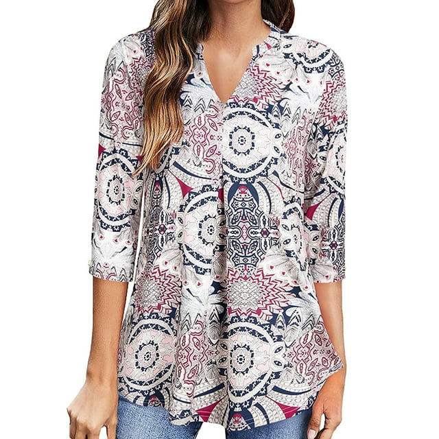 DPTALR Blouse Femme Col en V Manches 3/4 Imprimée Automne Pull Décontracté