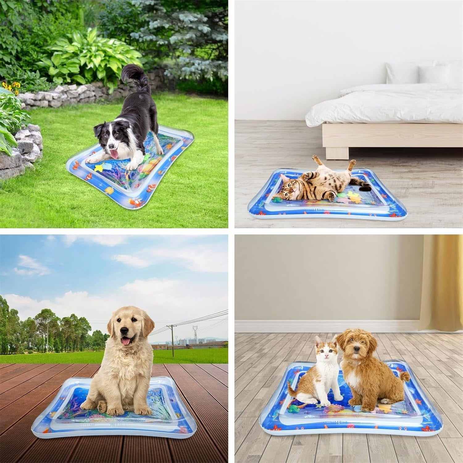 Pet Water Sensory Mat - 2024 New Cat Water Play Mat Indoor Interactive, Baby Tummy Time Water Play Mat, Inflatable Water Squishy Pad Playmat Pool Activity Toy Cat Splash Play Cooling Mat with Fish