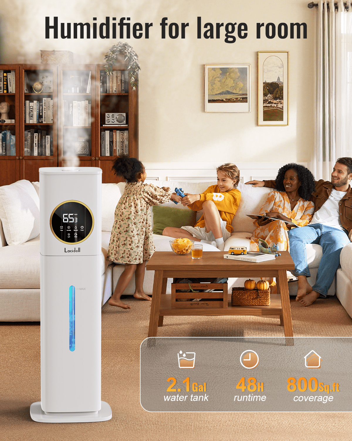 2.1Gal/8L Cool Mist Humidifier for Room Bedroom, Large Room Humidifier for Home Whole House, Quiet Ultrasonic Humidifier with Night Light, White, Lacidoll