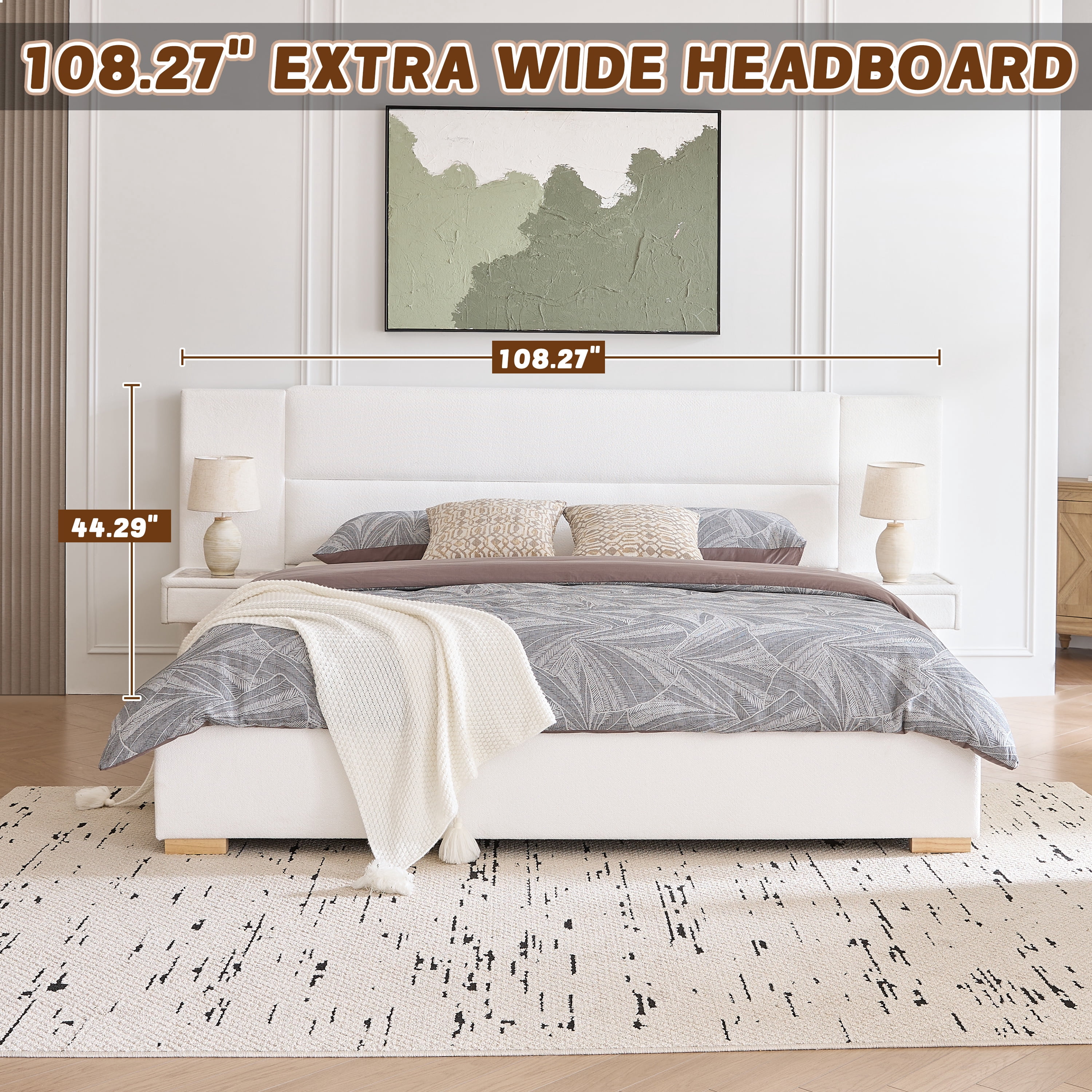 King Size Bed Frame Upholstered Platform Bed with Two Large Storage Drawers, Linen Fabric, Wooden Slat Support, Mattress Foundation, No Box Spring Needed, Noise-Free, Easy Assembly, White