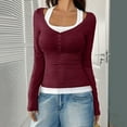 thumbnail image 5 of Lenpel Women's Long Sleeve T-Shirts Square Neck Quarter Button Color Block 2 in 1 Slim Tee Tops Soft Casual Blouses(Wine,Medium), 5 of 6