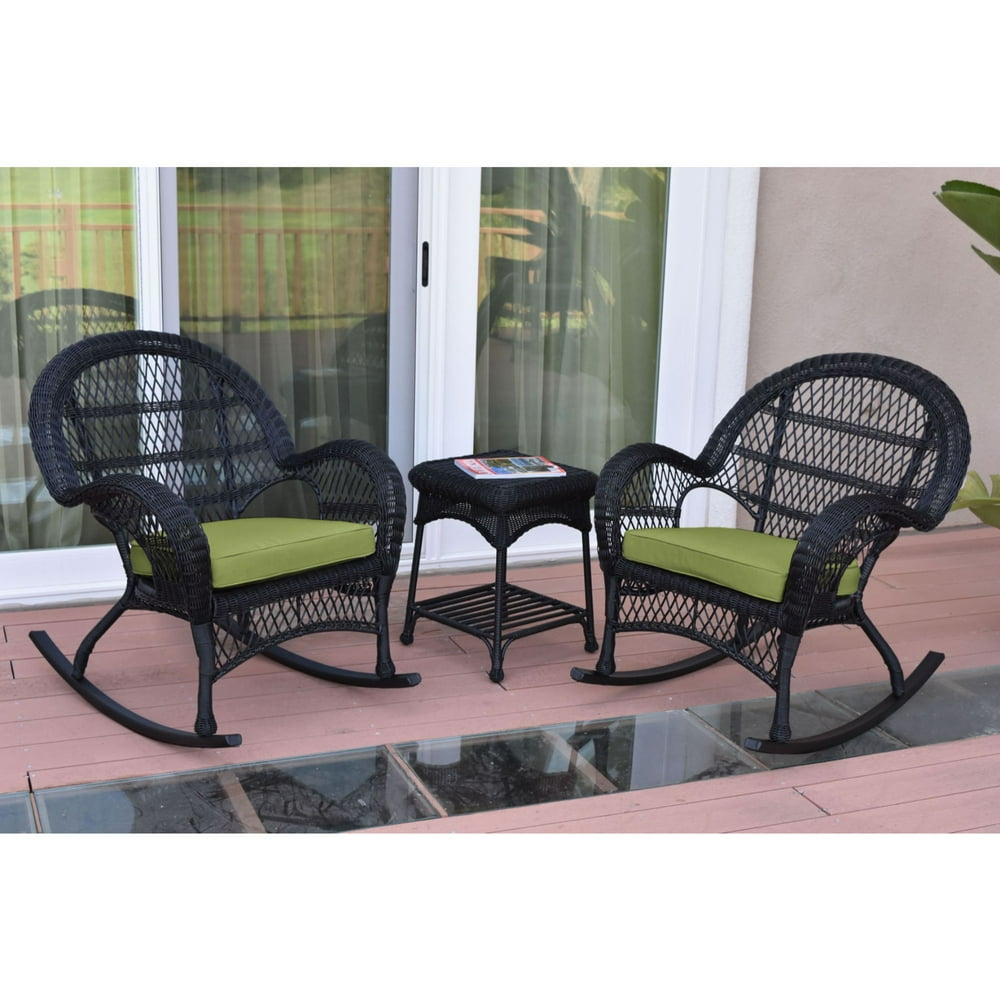 3-Piece Black Wicker Outdoor Furniture Patio Rocker Chair Set - Sage