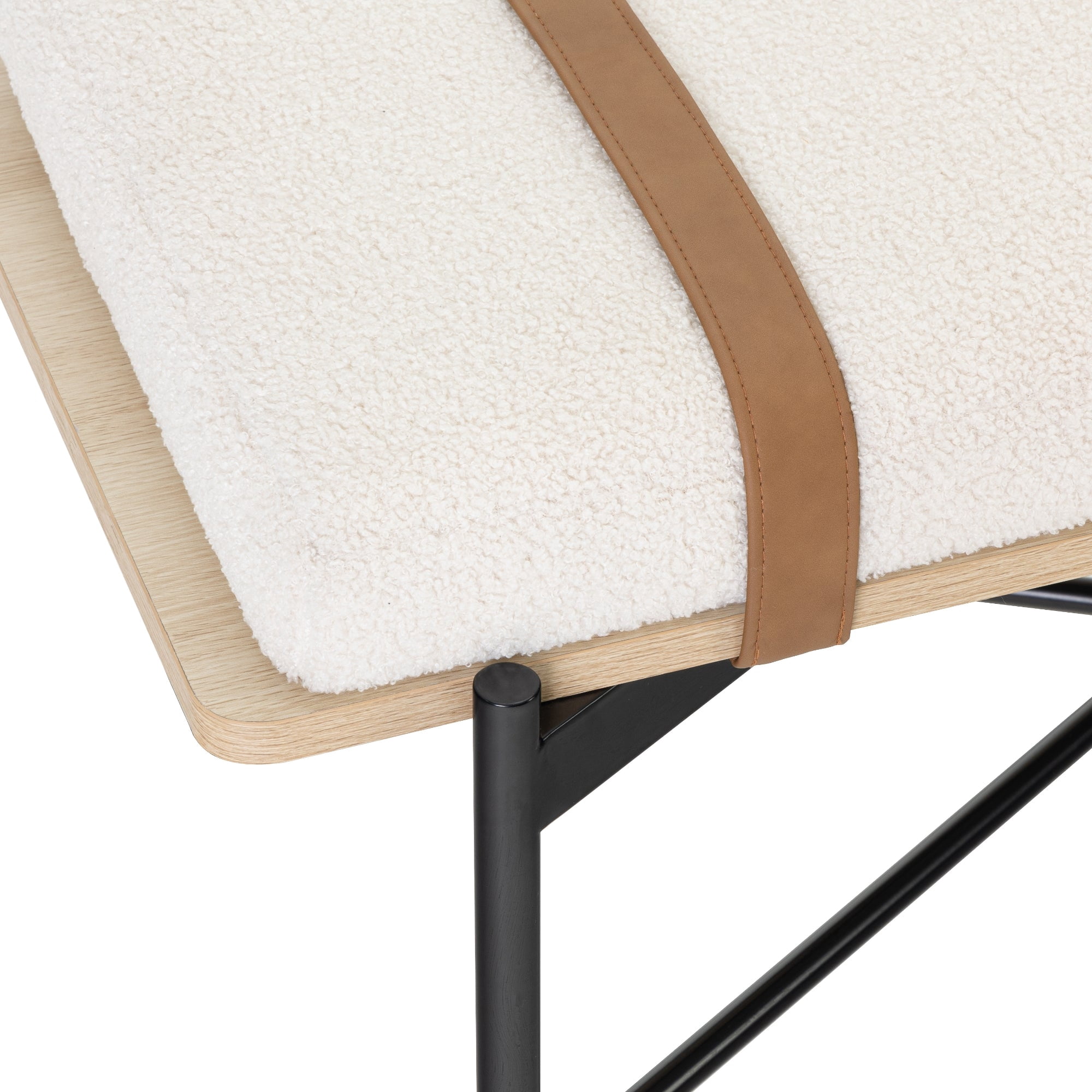 Nathan James Thatcher Upholstered Entryway Bench with Removable Boucle Cushion, Vegan Leather Straps, and Matte Black Metal Legs