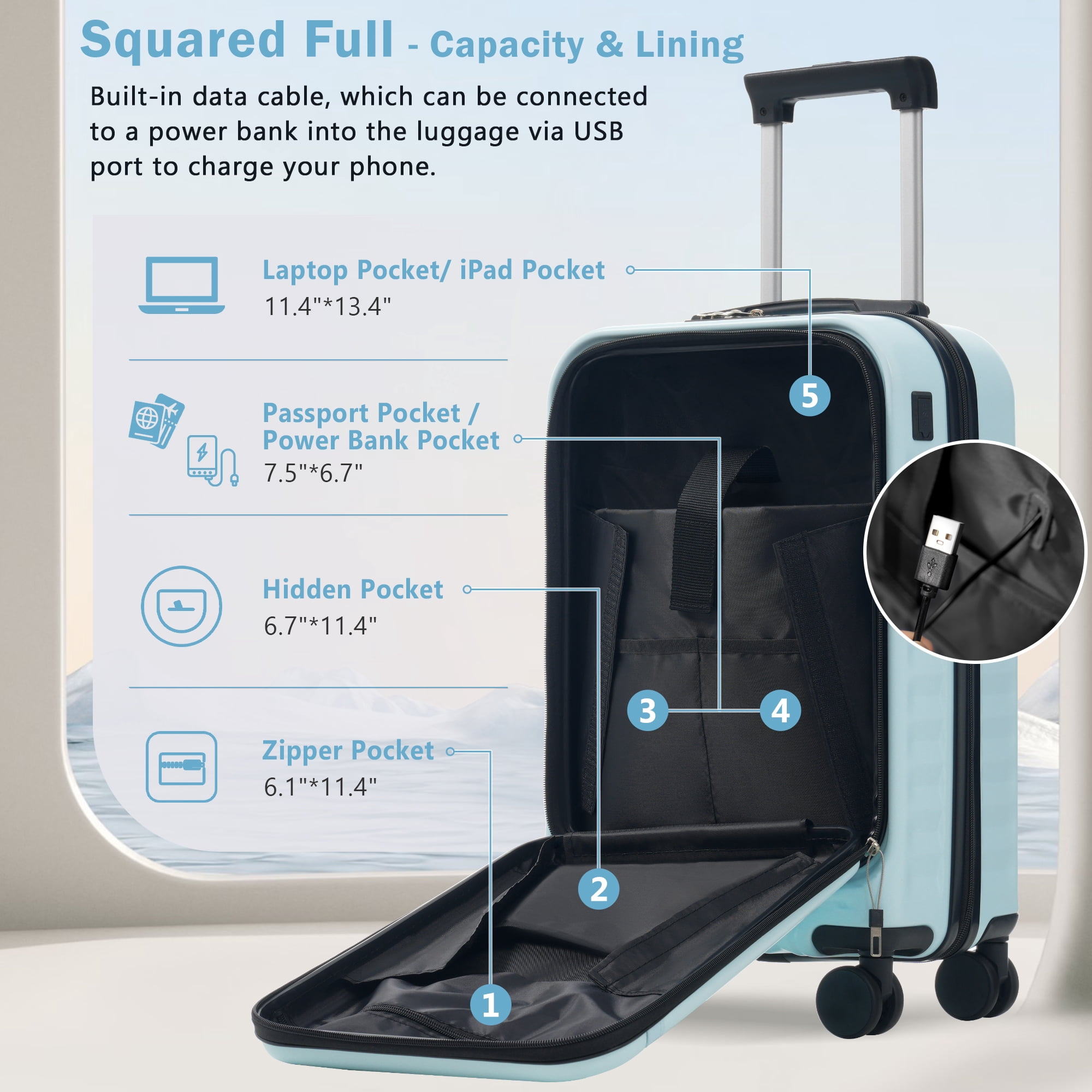 MAYEERTY 3-Piece Luggage Set: Front Opening 20" with USB Port+ Expandable 24" Hardside Suitcase + Tote Bag, Light Blue