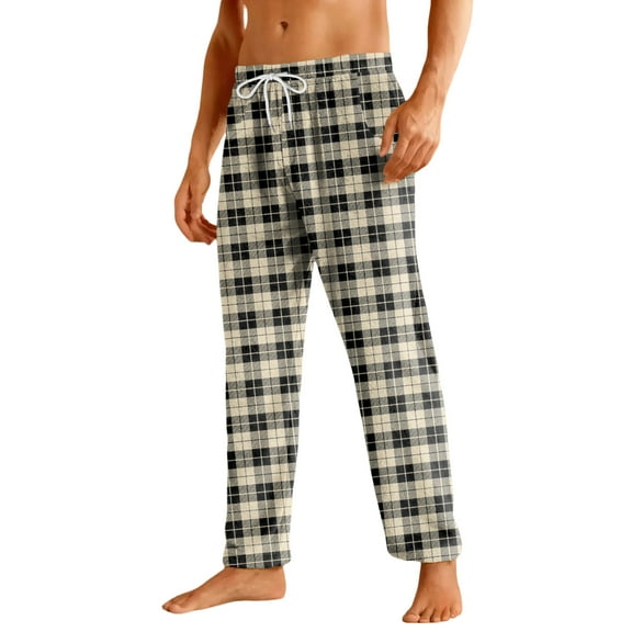 Havenx Men's Pajama Pants Cotton Microfleece Plaid Flannel Pj Bottoms 2025 Trendy Big and Tall Sleeping Pants Elastic Waist Straight-Leg Lightweight Sleep & Lounge Pants,Beige XL