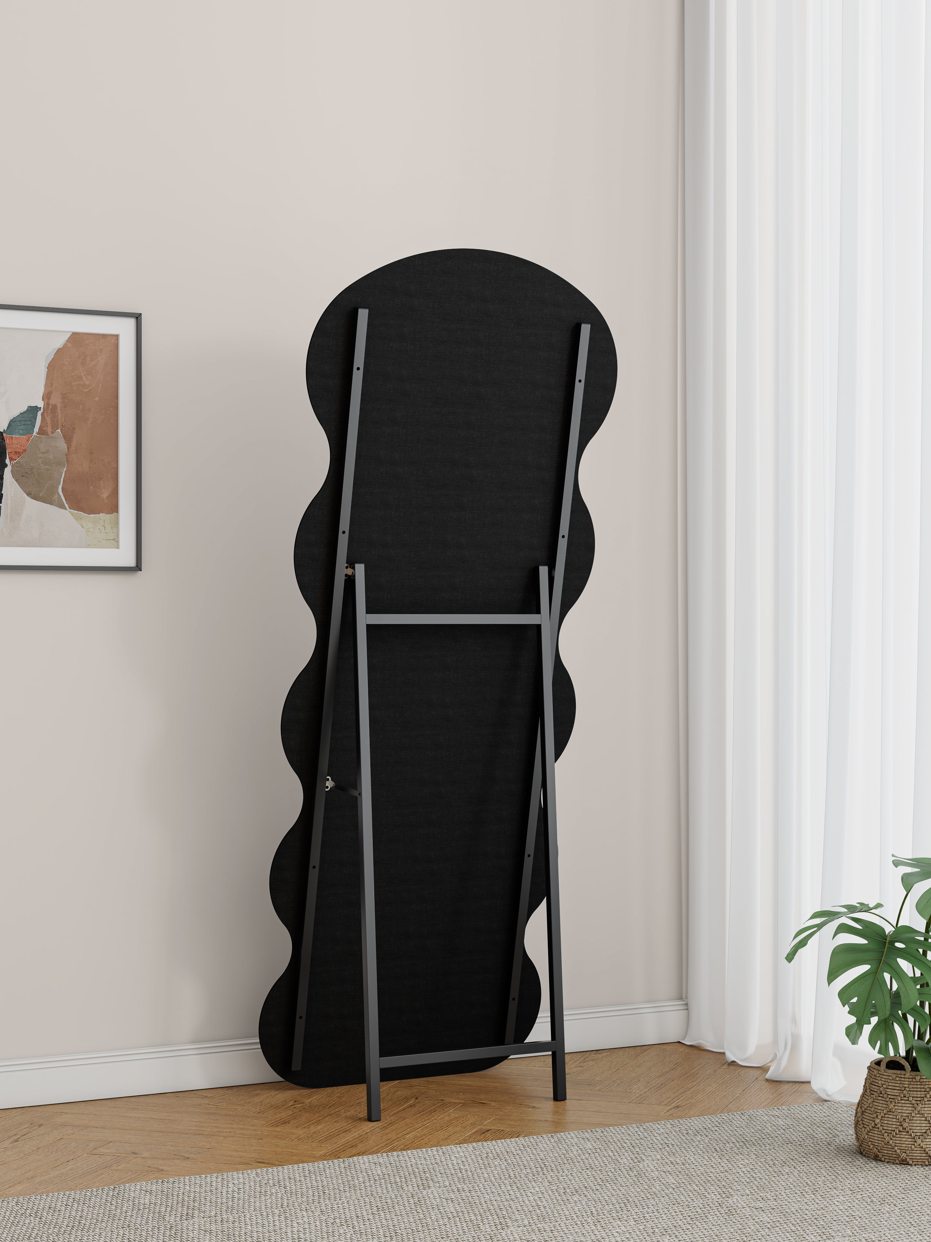 Full Length Floor Mirror with Flannel Wrapped Wavy Design, Wooden Frame and Shatterproof Glass, Standing or Wall Mount Mirror for Bedroom, 63"x24"