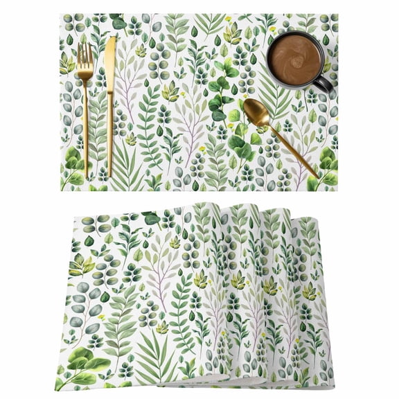 Green Leaves Placemats Set of 4, Elegant Pastoral Summer Botanical Leaf Placemats for Dining Table, Place Mats for Kitchen Tabletop, Waterproof Wipeable Dining Table Mats Set