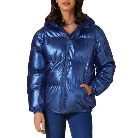 Allegra K Women's Casual Shiny Pockets Hooded Winter Puffer Jackets Coats 2XL Royal Blue