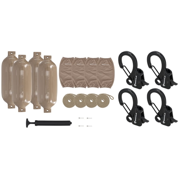 Rockville FEN410-SAND Bundle: (4) 10 x 30 Inch Boat Fenders with Covers and Lines, RQA-4 Quick Release Fender Clips, Marine Dock Kit, 21-items