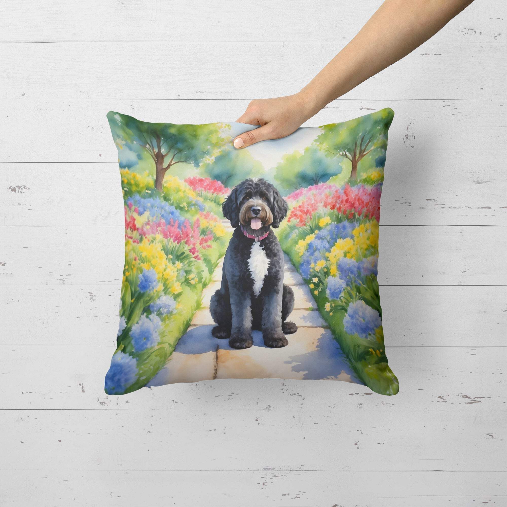 Portuguese Water Dog Spring Path Throw Pillow 18 in x 18 in
