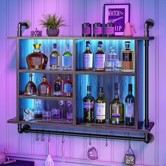 WYDK Floating Shelves for Wall with LED, 37" H Wall Mounted Shelf with 8 S-Hook Industrial Pipe Shelves Large Wood Floating Shelves Load 110LBS Adjustable Display Shelf for Gaming Room Decor