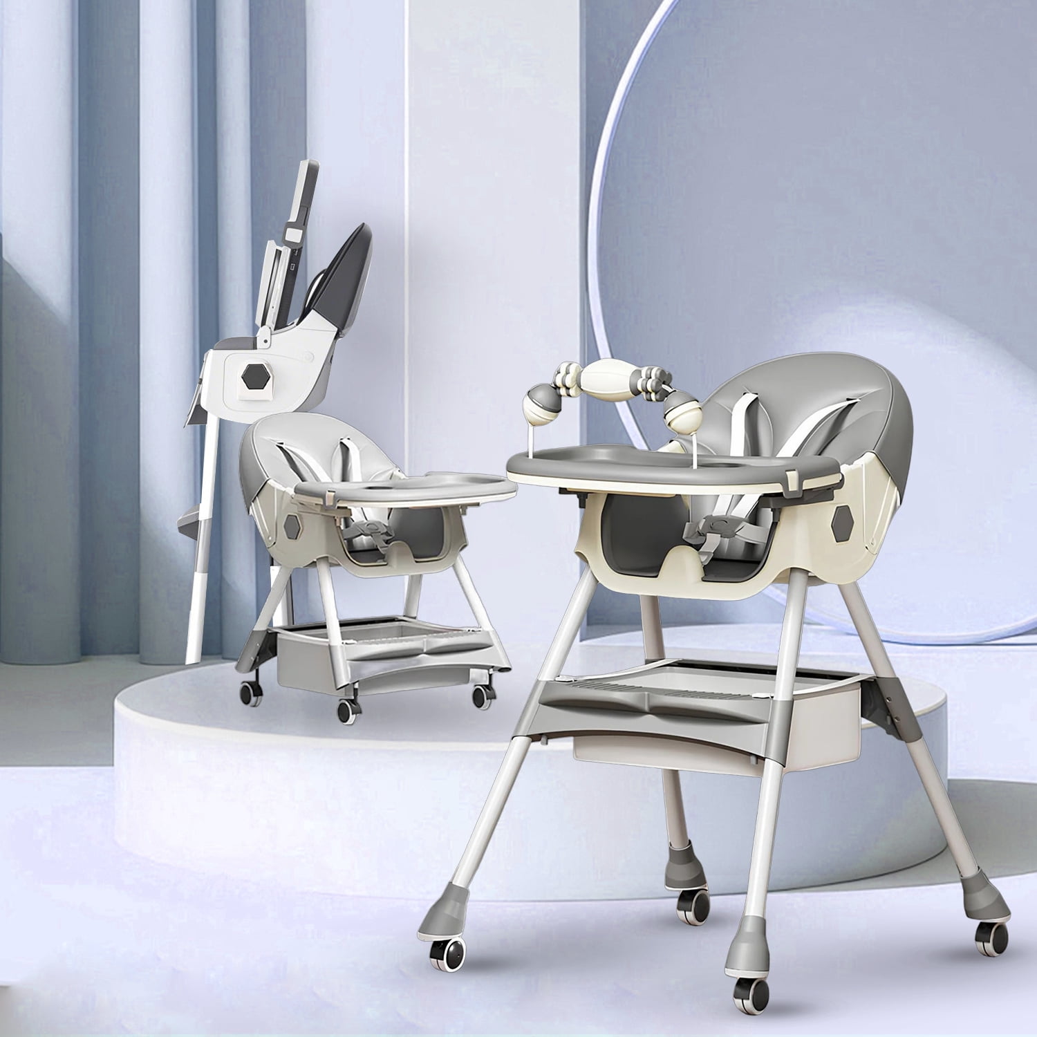 BEJOLO Baby High Chair, 4-in-1 Foldable Highchair Dining Feeding Chair with Double Dining Plate & Toy Rack, Infant to Toddler, Gray