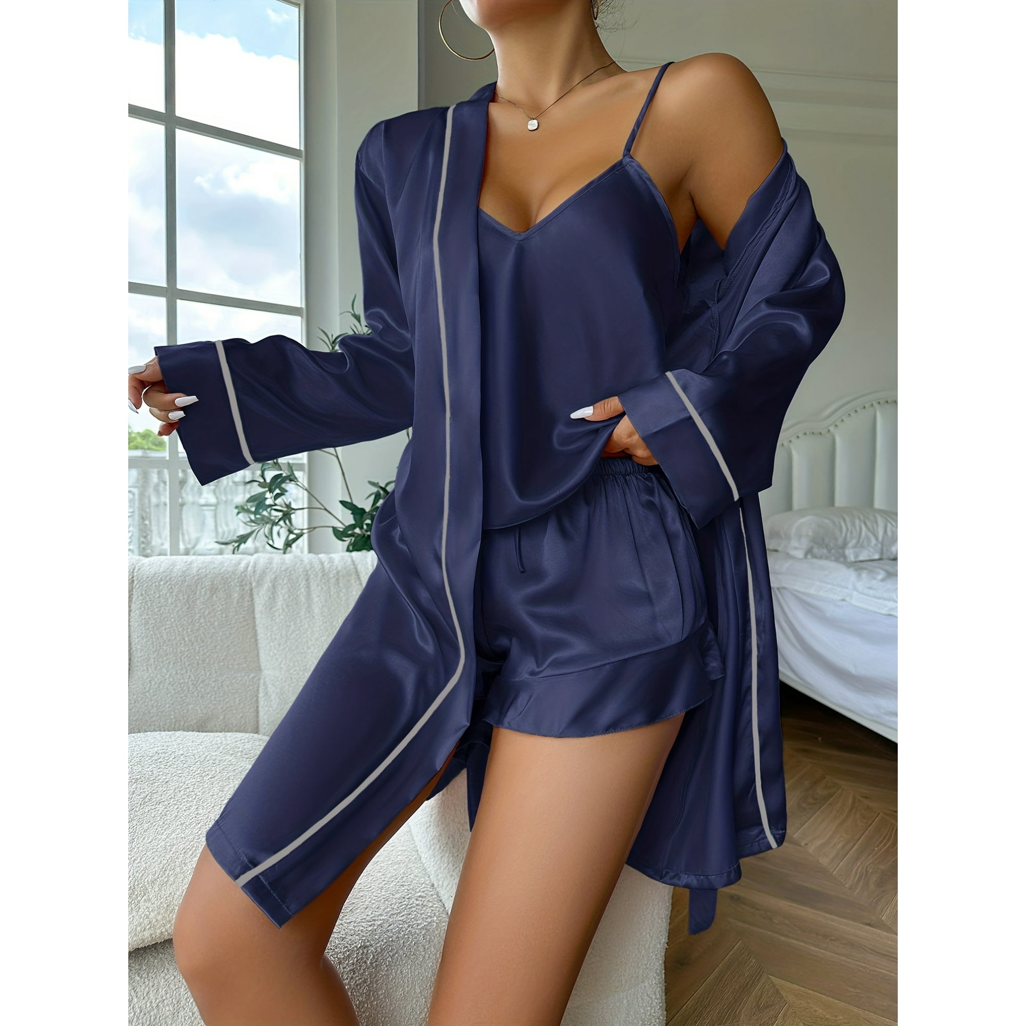 Simple Satin Pajama Set Long Sleeve Robe With Belt V Neck Cami Top Shorts Women s Sleepwear Loungewear